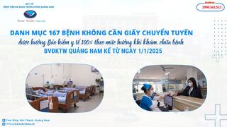 Danh mục 167 bệnh không cần giấy chuyển tuyến được hưởng Bảo hiểm y tế 100% theo mức hưởng khi khám, chữa bệnh BVĐKTW Quảng Nam kể từ ngày 1/1/2025