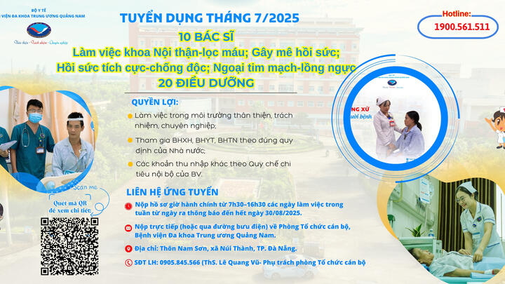 Bệnh viện Đa khoa TW Quảng Nam Tuyển dụng tháng 7 | Bác sĩ: 10 & Điều dưỡng: 20