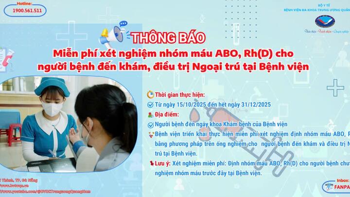 Thông báo: Miễn phí xét nghiệm nhóm máu ABO, Rh(D) cho người bệnh đến khám và điều trị Ngoại trú tại Bệnh viện